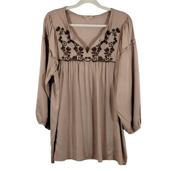 F Kori America Women's Boho Taupe Brown  Floral Embroidery Flowy Tunic Top M - Picture 1 of 11